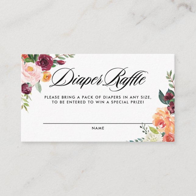 Watercolor Autumn Blooms Baby Shower Diaper Raffle Enclosure Card (Front)