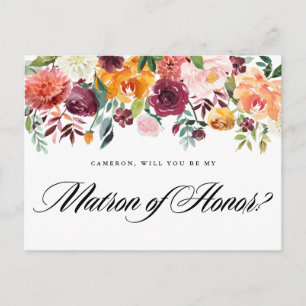 Watercolor Autumn Blooms Be My Matron of Honour Invitation Postcard