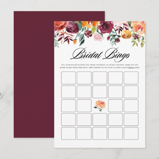 Watercolor Autumn Blooms Bridal Bingo Shower Game Enclosure Card (Front/Back)
