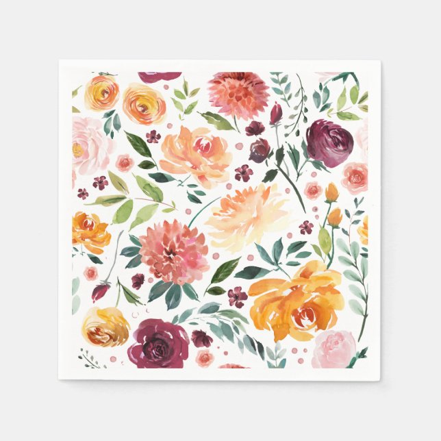 Watercolor Autumn Blooms Fall Botanical Pattern Napkin (Front)