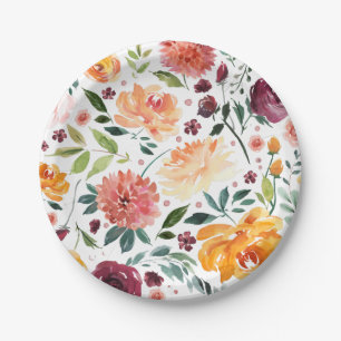 Watercolor Autumn Blooms Fall Botanical Pattern Paper Plate