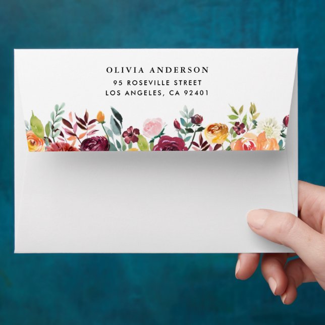 Watercolor Autumn Blooms Fall Wedding Envelope (Hand)