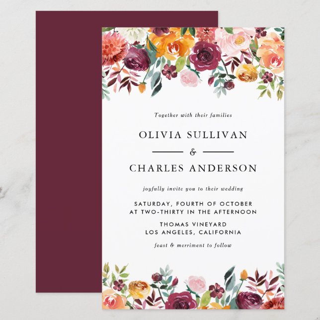Watercolor Autumn Blooms Fall Wedding Invitation (Front/Back)