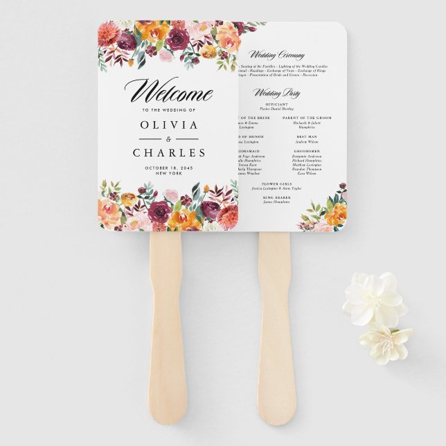 Watercolor Autumn Blooms Fall Wedding Program Hand Fan (Front and Back)