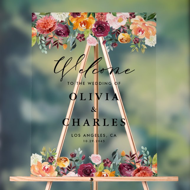 Watercolor Autumn Blooms Fall Wedding Welcome Acrylic Sign (Neutral)