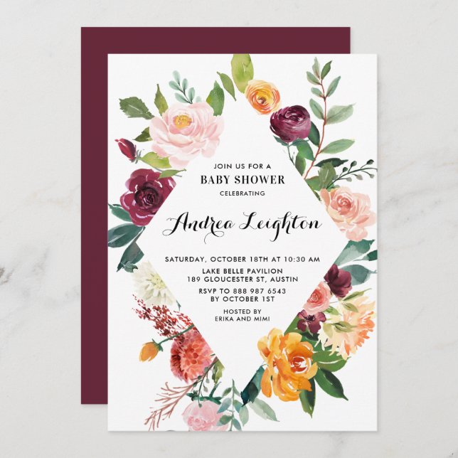 Watercolor Autumn Blooms Floral Baby Shower Invitation (Front/Back)