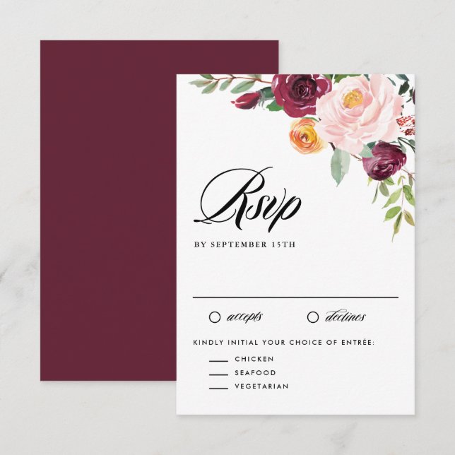 Watercolor Autumn Blooms Floral Bouquet Wedding RSVP Card (Front/Back)