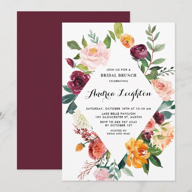 Watercolor Autumn Blooms Floral Bridal Brunch Invitation (Front/Back)