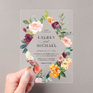 Watercolor Autumn Blooms Floral Frame Wedding Acrylic Invitations
