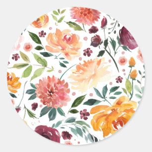 Watercolor Autumn Blooms Floral Pattern Classic Round Sticker