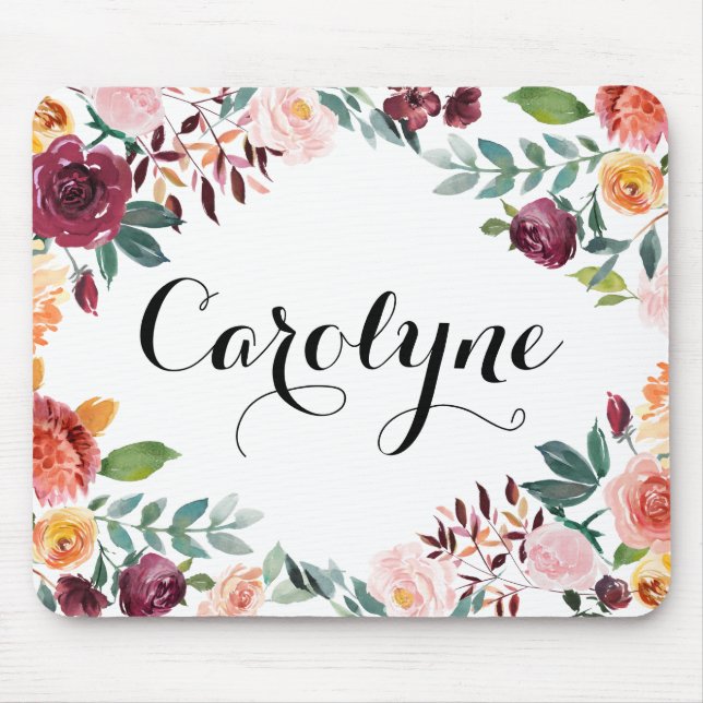 Watercolor Autumn Blooms Floral Personalised Mouse Mat (Front)