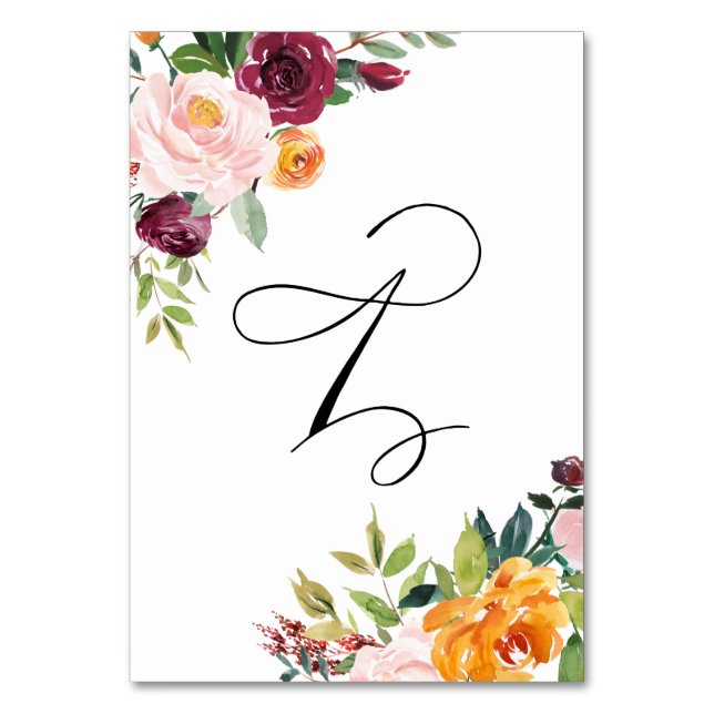 Watercolor Autumn Blooms Floral Table Number 1 (Front)