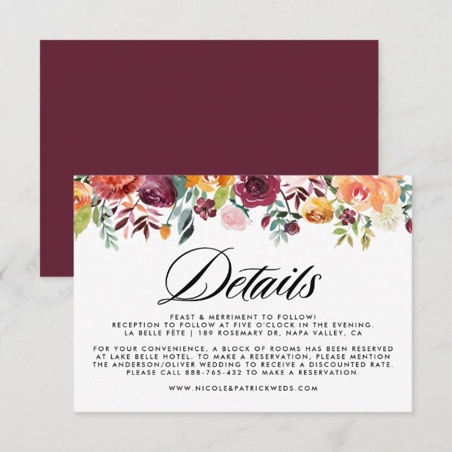 Watercolor Autumn Blooms Floral Wedding Details Enclosure Card (Front/Back)