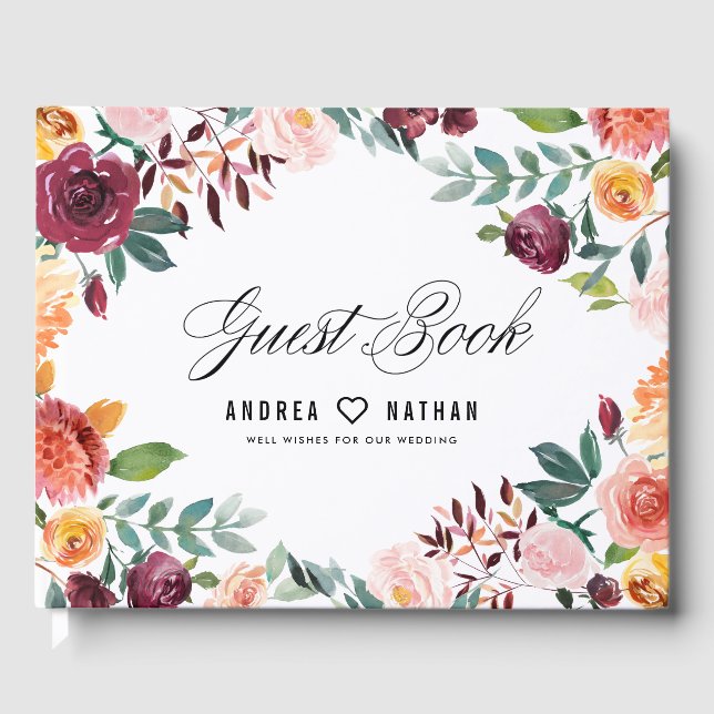 Watercolor Autumn Blooms Floral Wedding Guest Book (Front)