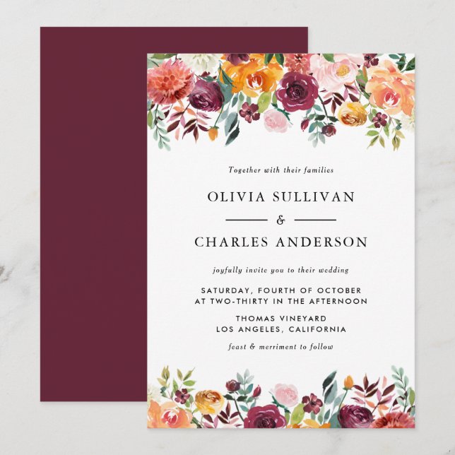 Watercolor Autumn Blooms Floral Wedding Invitation (Front/Back)