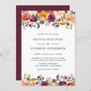 Watercolor Autumn Blooms Floral Wedding Invitation