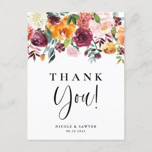 Watercolor Autumn Blooms Floral Wedding Thank You Postcard