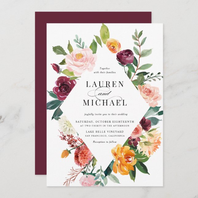 Watercolor Autumn Blooms Frame QR Code Wedding Invitation (Front/Back)