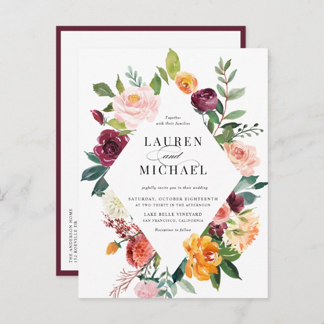 Watercolor Autumn Blooms Frame QR Code Wedding Invitation Postcard (Front/Back)