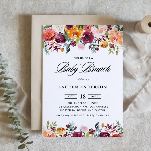 Watercolor Autumn Blooms Garland Baby Brunch Invitation (Creator Uploaded)