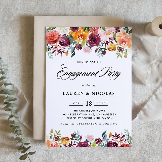 Watercolor Autumn Blooms Garland Engagement Party Invitation (Creator Uploaded)