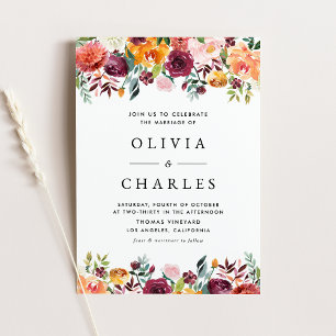 Watercolor Autumn Blooms Garland Fall Wedding Invitation
