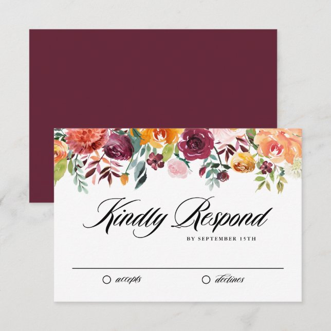 Watercolor Autumn Blooms Garland Fall Wedding RSVP Card (Front/Back)