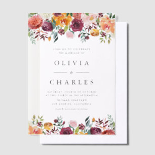 Watercolor Autumn Blooms Garland Fall Wedding Vellum Invitations