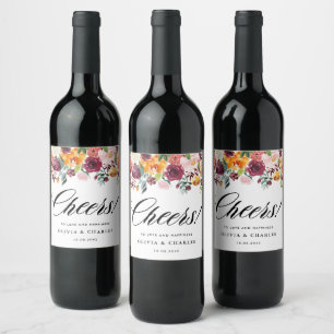 Watercolor Autumn Blooms Garland Fall Wedding Wine Label