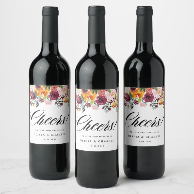 Watercolor Autumn Blooms Garland Fall Wedding Wine Label (Bottles)