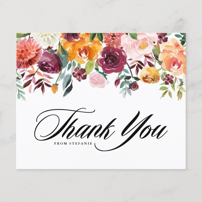 Watercolor Autumn Blooms Graduation Thank You Card (Front)