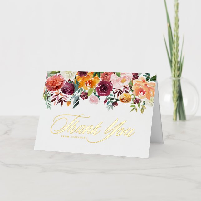 Watercolor Autumn Blooms Graduation Thank You Foil Greeting Card (Front)