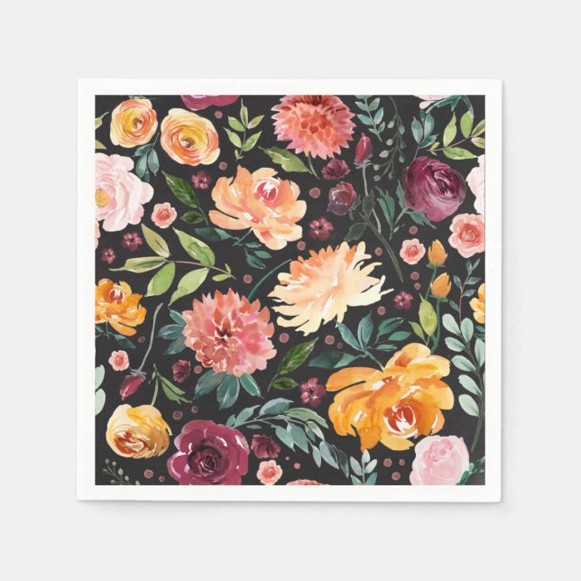 Watercolor Autumn Blooms Pattern Faux Chalkboard Napkin (Front)