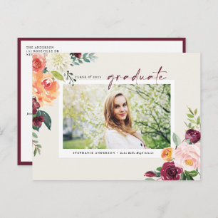Watercolor Autumn Blooms Photo Graduation Invitation Postcard