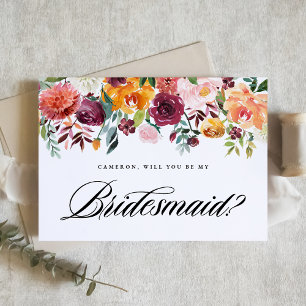 Watercolor Autumn Blooms Will You Be My Bridesmaid Card