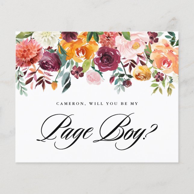 Watercolor Autumn Blooms Will You Be My Page Boy (Front)