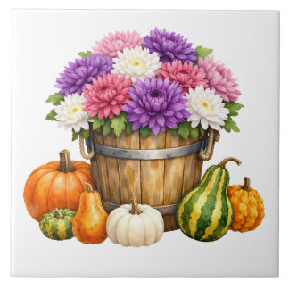 Watercolor Autumn Chrysanthemum, Pumpkins, Gourds Tile