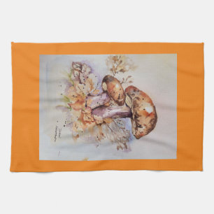 Watercolor autumn colours mushrooms tea towel