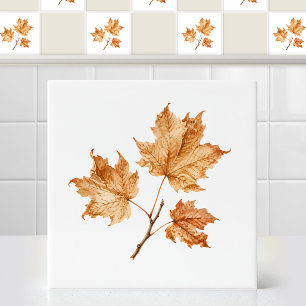 Watercolor Autumn Dried Maple Leaves Twig Art Tile
