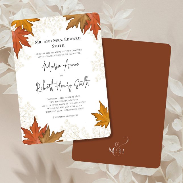 Watercolor Autumn Elegant Elegant Wedding  Invitation (Fall wedding watercolor leaves custom invitation. )