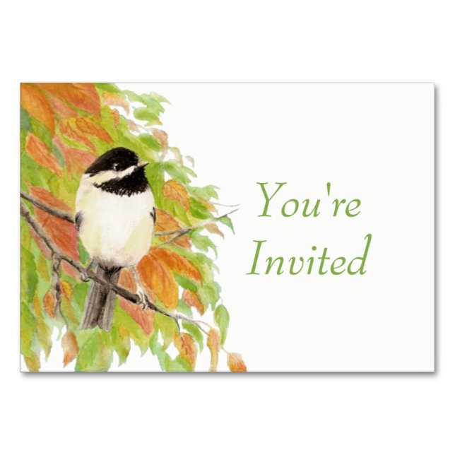 Watercolor Autumn Fall Chickadee Bird Wedding Table Number (Front)