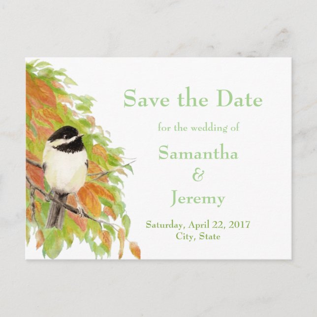 Watercolor Autumn Fall Chickadee Save the Date Announcement Postcard (Front)