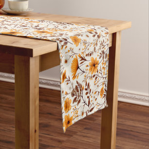 Watercolor Autumn Fall Flowers And Leaves Short Table Runner