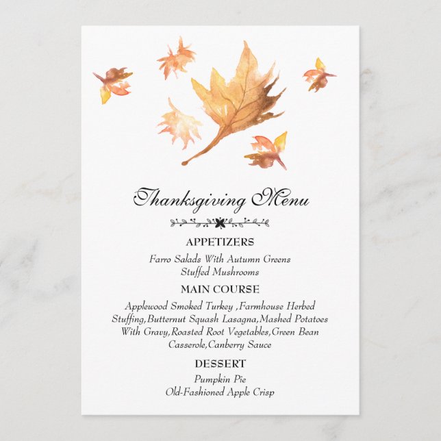 Watercolor Autumn Fall Maple Leaves Thanksgiving Menu (Front)