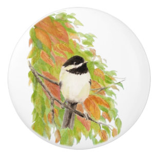 Watercolor Autumn Fall Orange Green Chickadee Bird Ceramic Knob