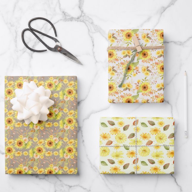 Watercolor Autumn Fall Sunflowers, Flower Pattern Wrapping Paper Sheet (Front)