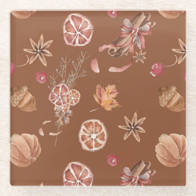 Watercolor Autumn Fall Thanksgiving Glass Coaster (Front)