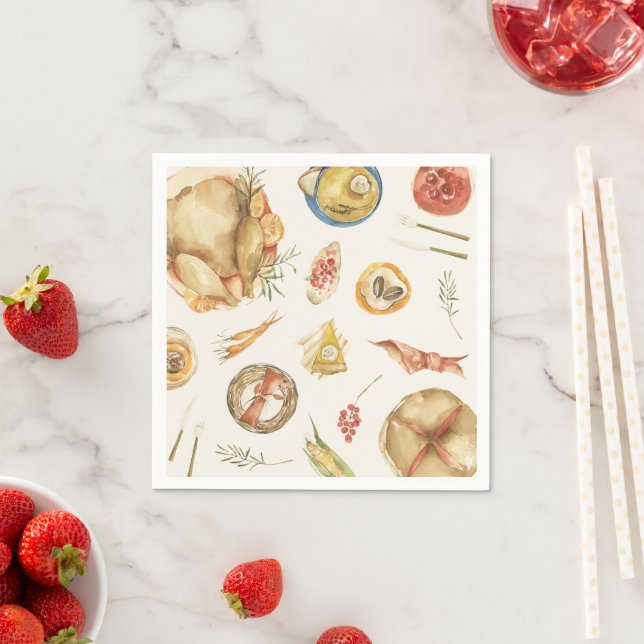 Watercolor Autumn Fall Turkey Thanksgiving Dinner Napkin (Insitu)