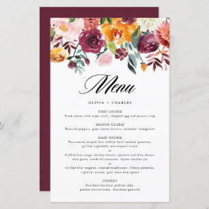 Watercolor Autumn Floral Fall Wedding Menu Card