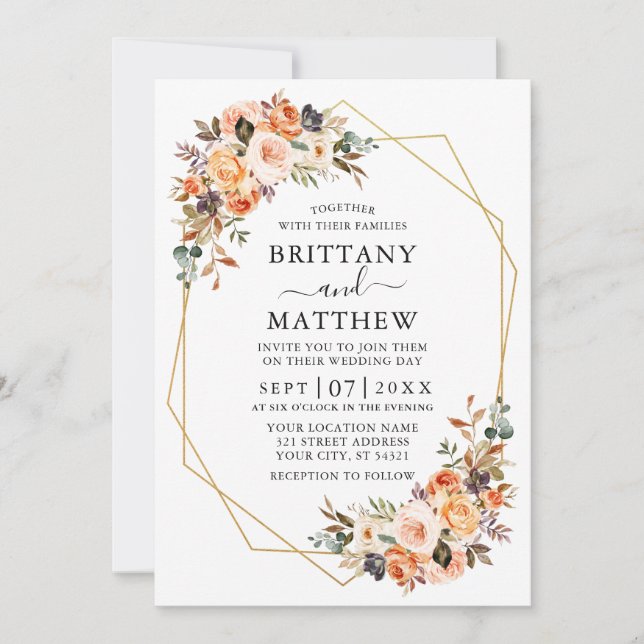 Watercolor Autumn Floral Geo Frame Wedding Invitation (Front)